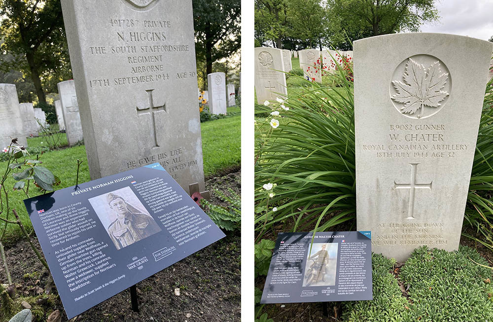 From left to right: Close up of story sign with details and photograph of Private N, Higgins place next to Private Higgins' headstone; on the right, we see the headstone of Canadian Gunner W. Chatter with an inforamation sign placed in the headstone's plant border featuring Gunner Chatter riding a motorcycle.